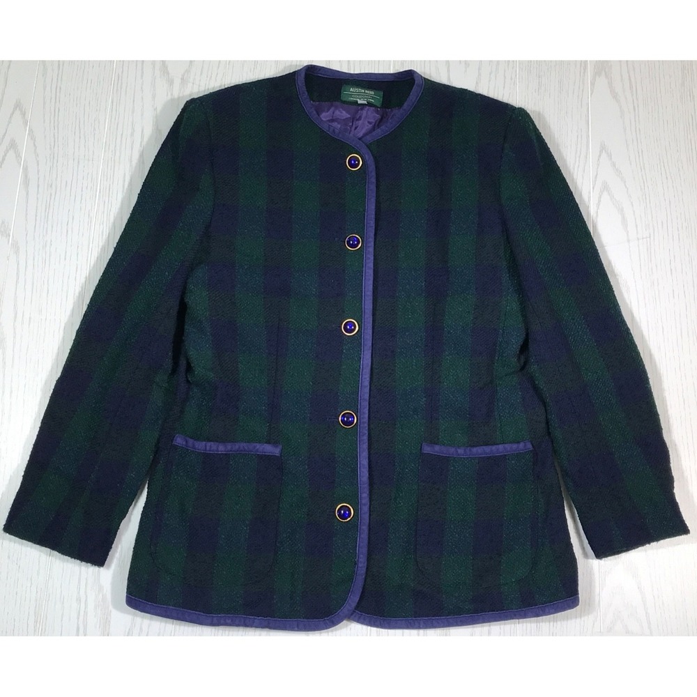 Vintage 80s Tartan Plaid Wool Blend Jacket Women 10 Austin Reed Tweed Round Neck